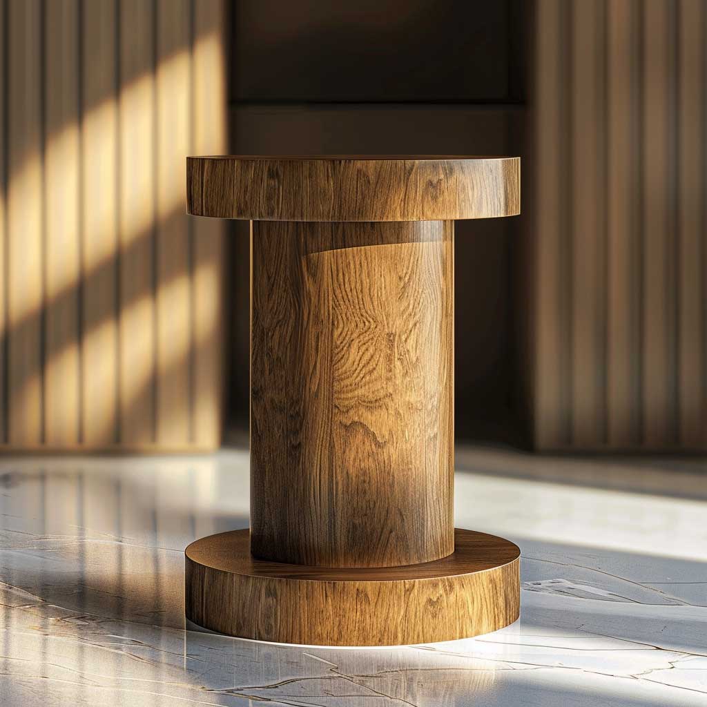 expertly crafted wood pedestal with a round top plate and base