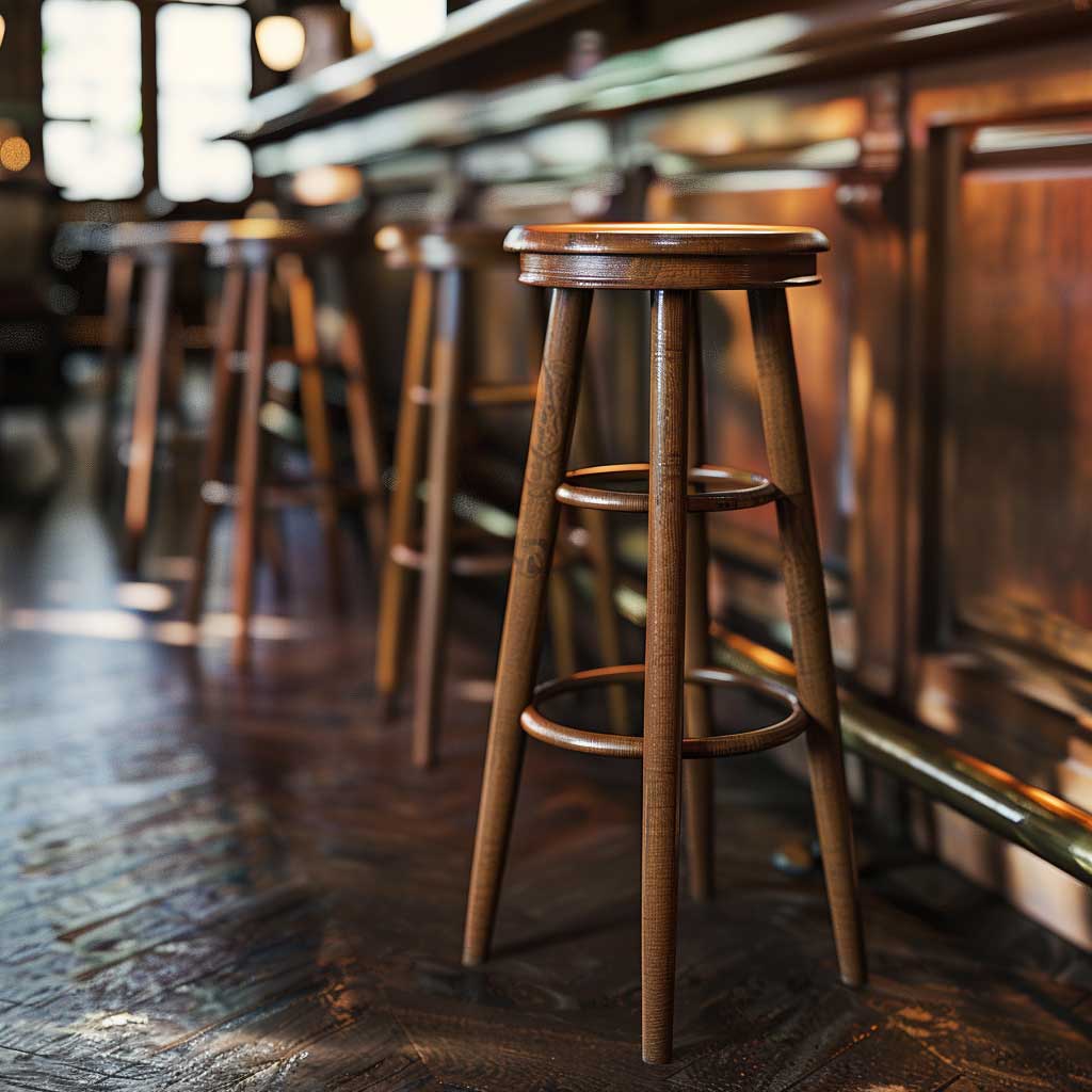 Tall wooden cylindrical stools in a row against a bar counter.