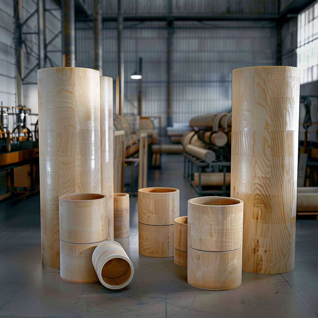 Different dimensions of wood cylinders ready for distribution in a factory.