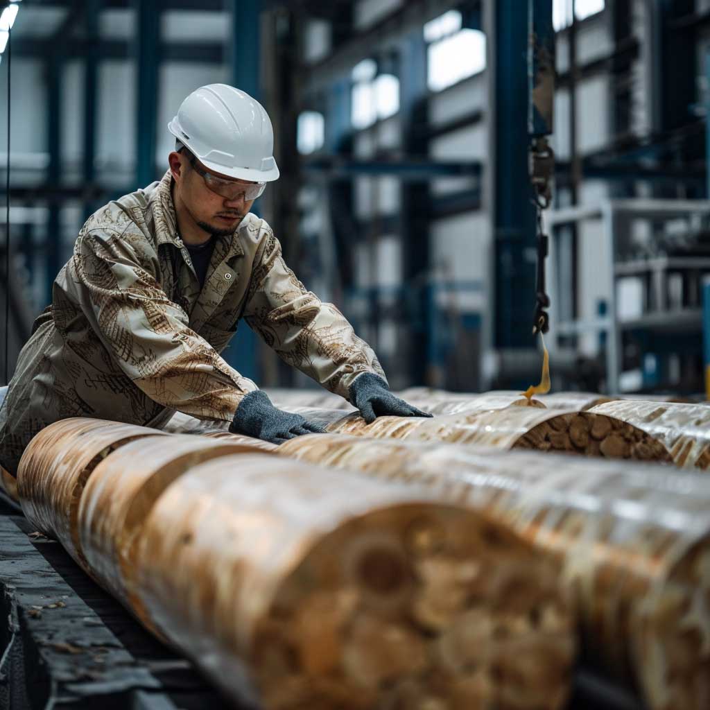 Technician examining large custom cut wood cylinders in a workshop