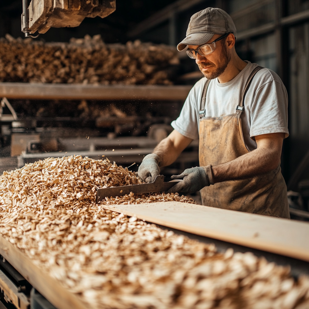 A man is seen in a workshop processing raw wood chips preparing them for further processing.