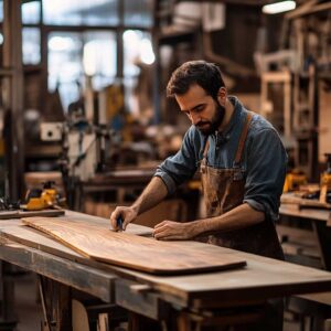 A man carefully inspecting the wood, ensuring it meets high standards.