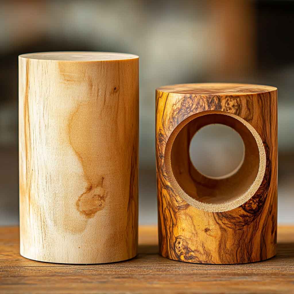 Close-up of a solid wooden cylinder and a hollow wooden cylinder side-by-side, showing their distinct features in woodworking and engineering projects