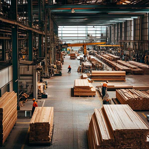 Inside view of a busy wood product manufacturing warehouse, showcasing extensive wood supplies and active workers.