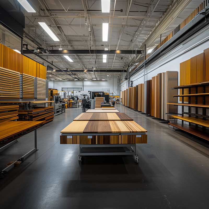 High-quality wood manufacturing company specializing in laminated wood panels and wooden components. Advanced factory with precision equipment and product displays. 