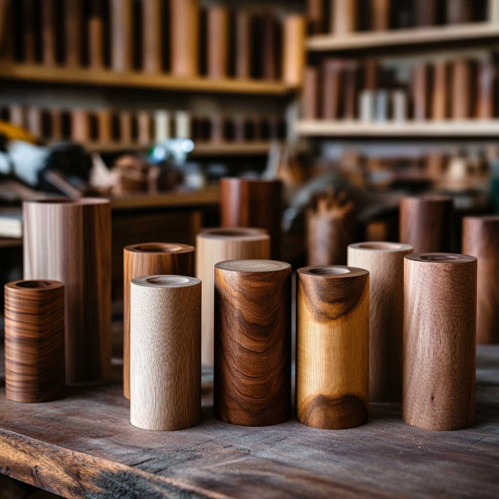 Wood cylinders in a workshop environment, showcasing a range of finishes and sizes used in furniture making and carpentry.