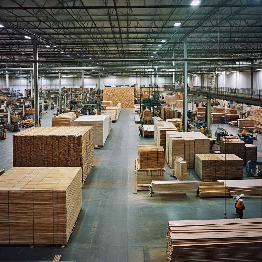 Overview of a wood product manufacturing facility with bulk stacks of wood products, designed for large-scale production and distribution.