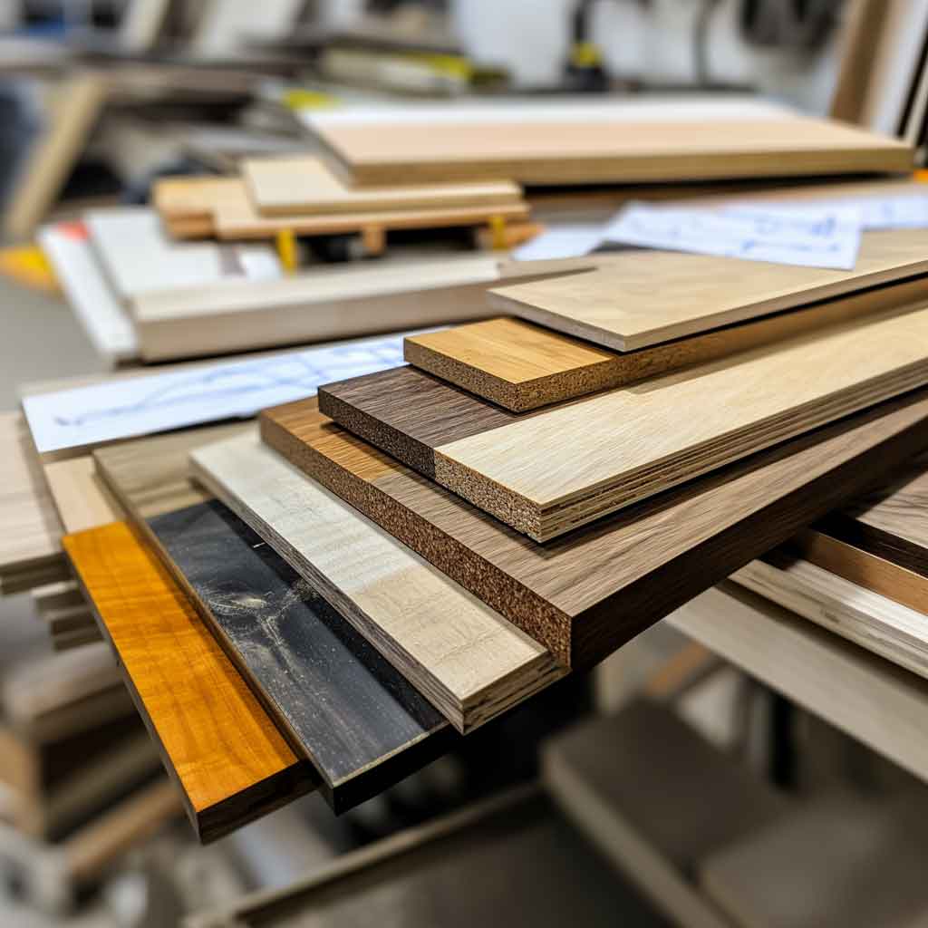 Different types of manufactured wood, ideal for furniture, cabinetry, and construction, displayed in a wood product manufacturing setting.