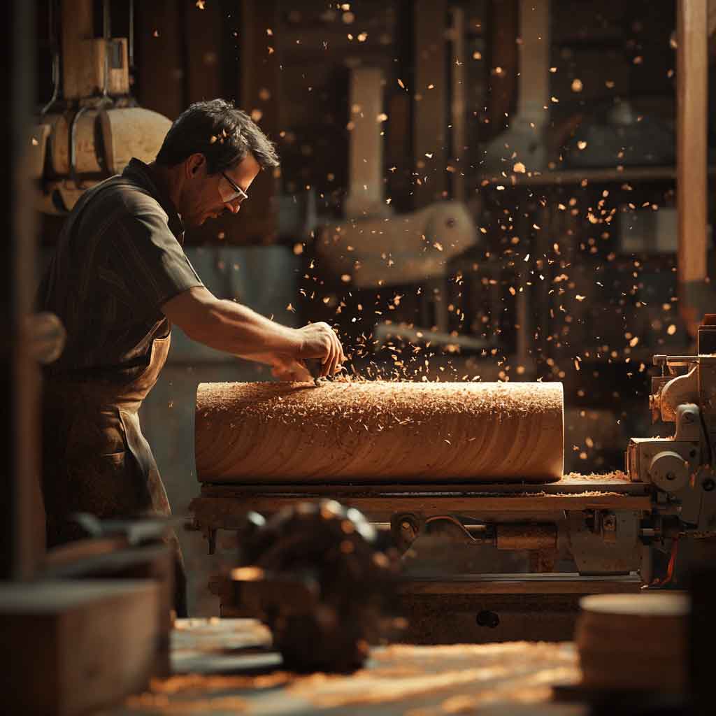 Expert woodworker sanding a wooden cylinder in a workshop filled with precision tools and natural light.