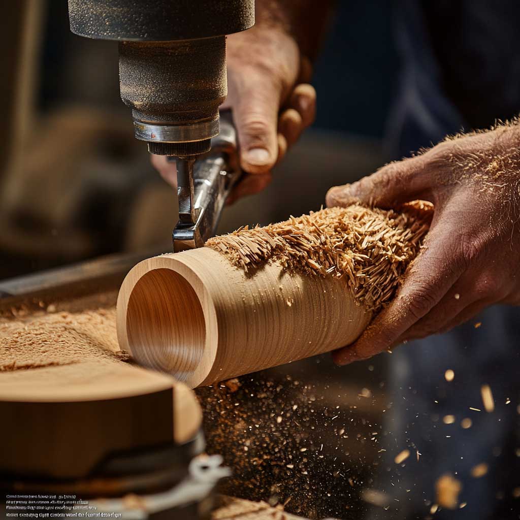 Craftsman shaping a custom hollow wood cylinder with precision tools in a workshop.