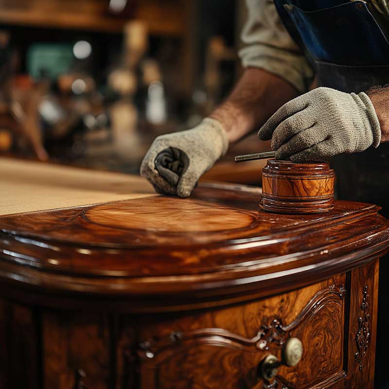 Artisan carefully applying stain and polish to a finely crafted wooden cabinet, exemplifying the quality of custom wood manufacturing.