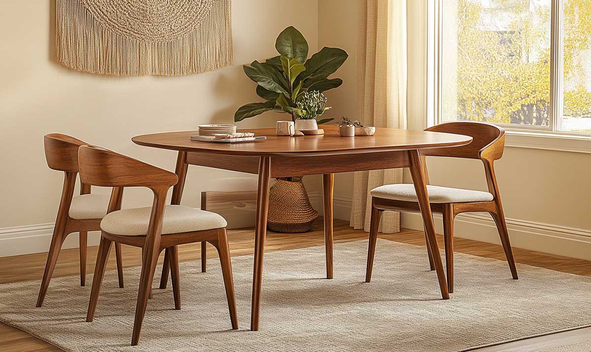 Elegant dining table and chairs made with premium materials through custom wood manufacturing. 