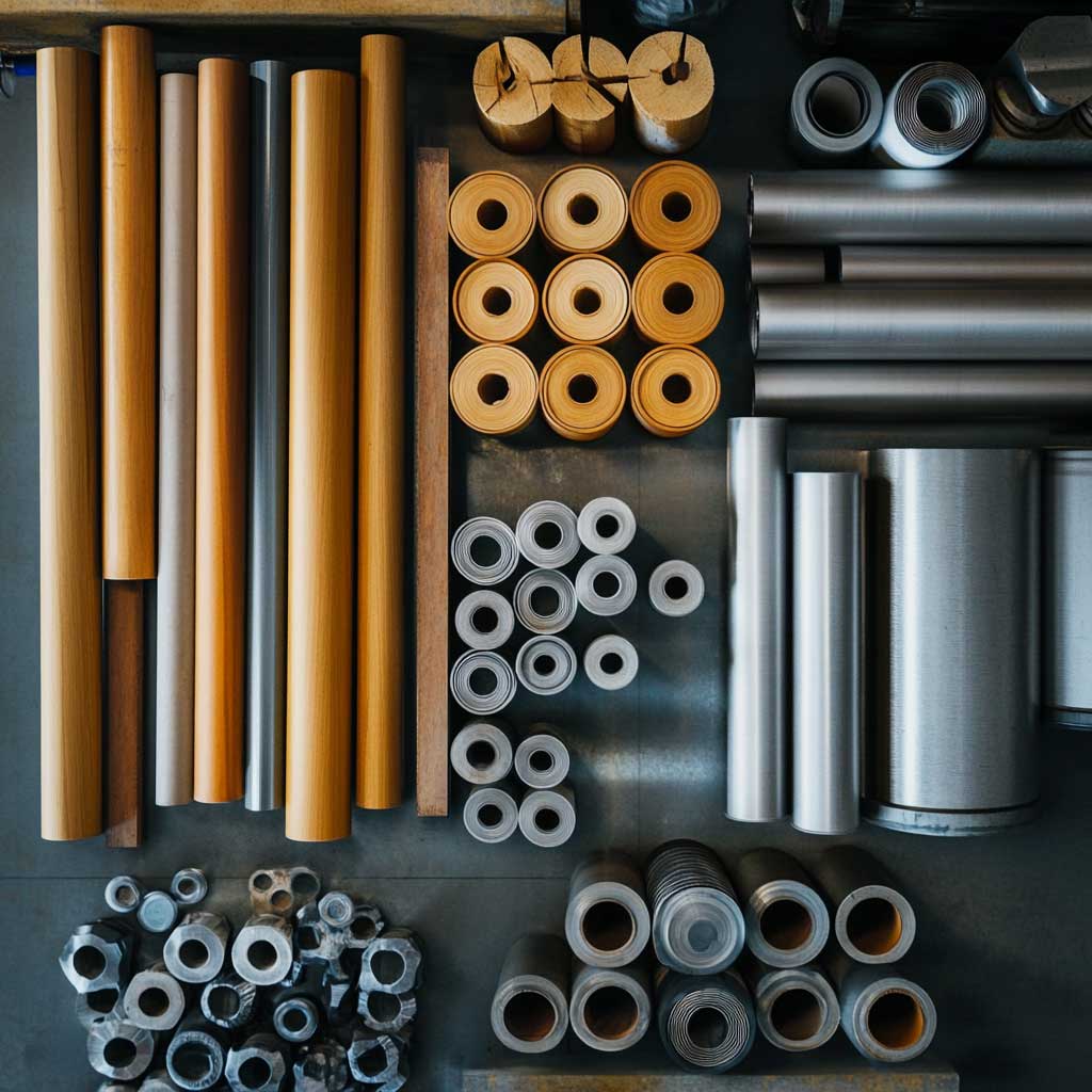 A detailed assortment of the three types of cylinders, showcasing wooden, metal, and plastic options for industrial and creative applications. 