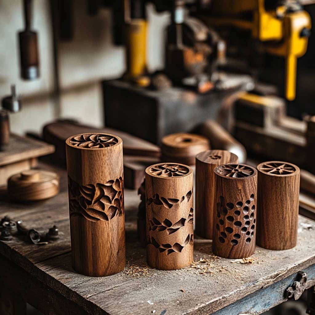 Wooden cylinders featuring detailed carvings, ideal for custom installations and decorative purposes.